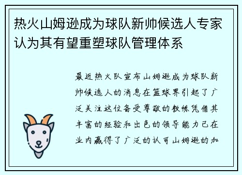 热火山姆逊成为球队新帅候选人专家认为其有望重塑球队管理体系