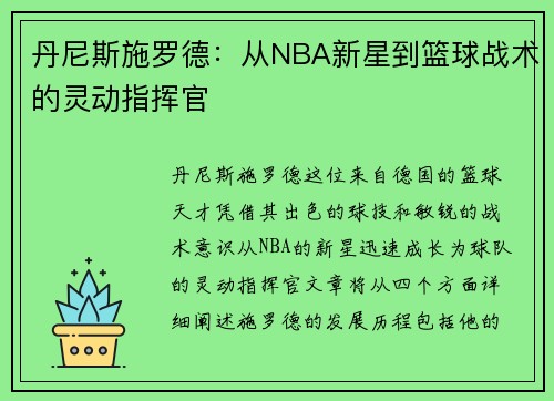 丹尼斯施罗德：从NBA新星到篮球战术的灵动指挥官
